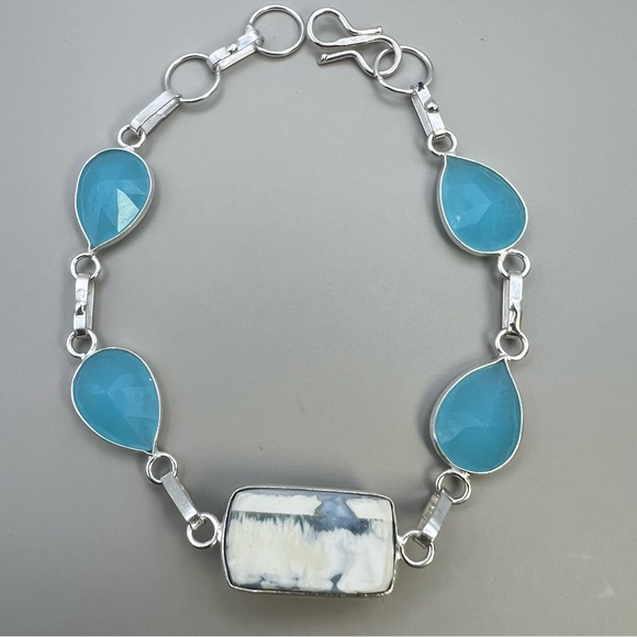 New Blue Owyhee Opal w Chalcedony Stone Sterling Silver Overlay Toggle Bracelet - Picture 4 of 7
